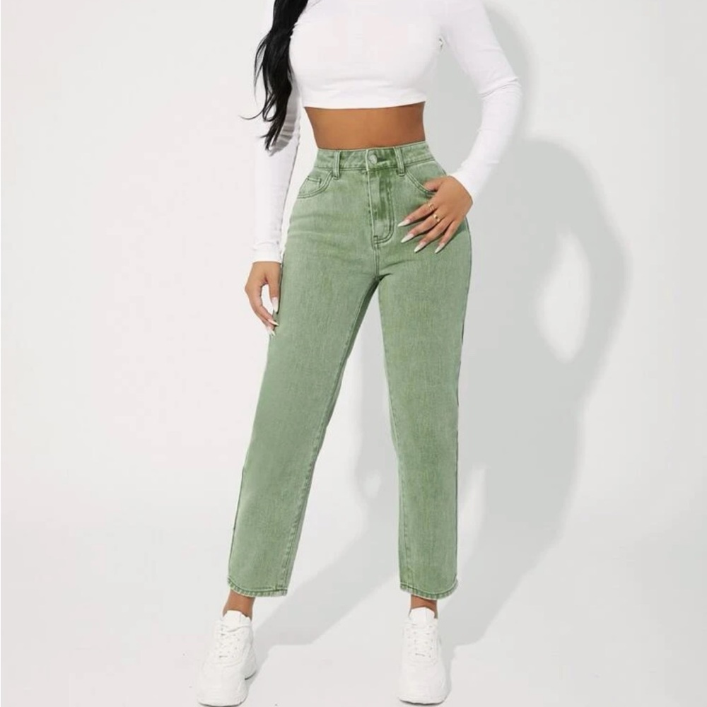 brand new lime green high waist straight leg denim pants